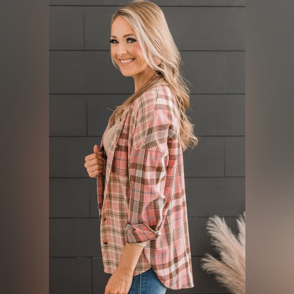 RESTOCKED Lightweight Spring Plaid Top, button down, pink/brown color pattern - Picture 11 of 15